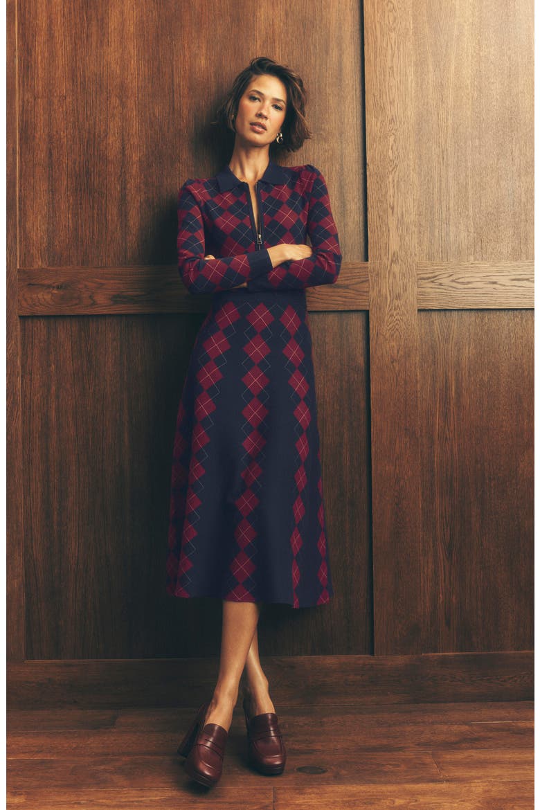 Fiona Zip Front Knitted Dress, Alternate, color, NAVY/ BURGUNDY ARGYLE