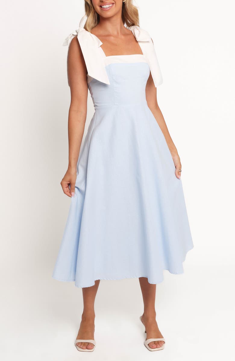 Petal & Pup Olinda Bow Strap Midi Dress, Main, color, Pale Blue/ White
