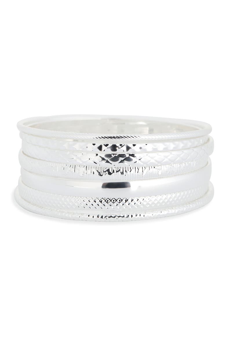 Set of 7 Etched Bangle Bracelets, Main, color, SILVER