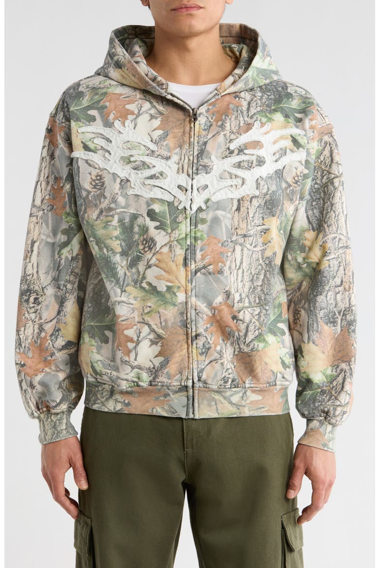 Chaos Appliqué Camouflage Zip Hoodie, Alternate, color, GREEN