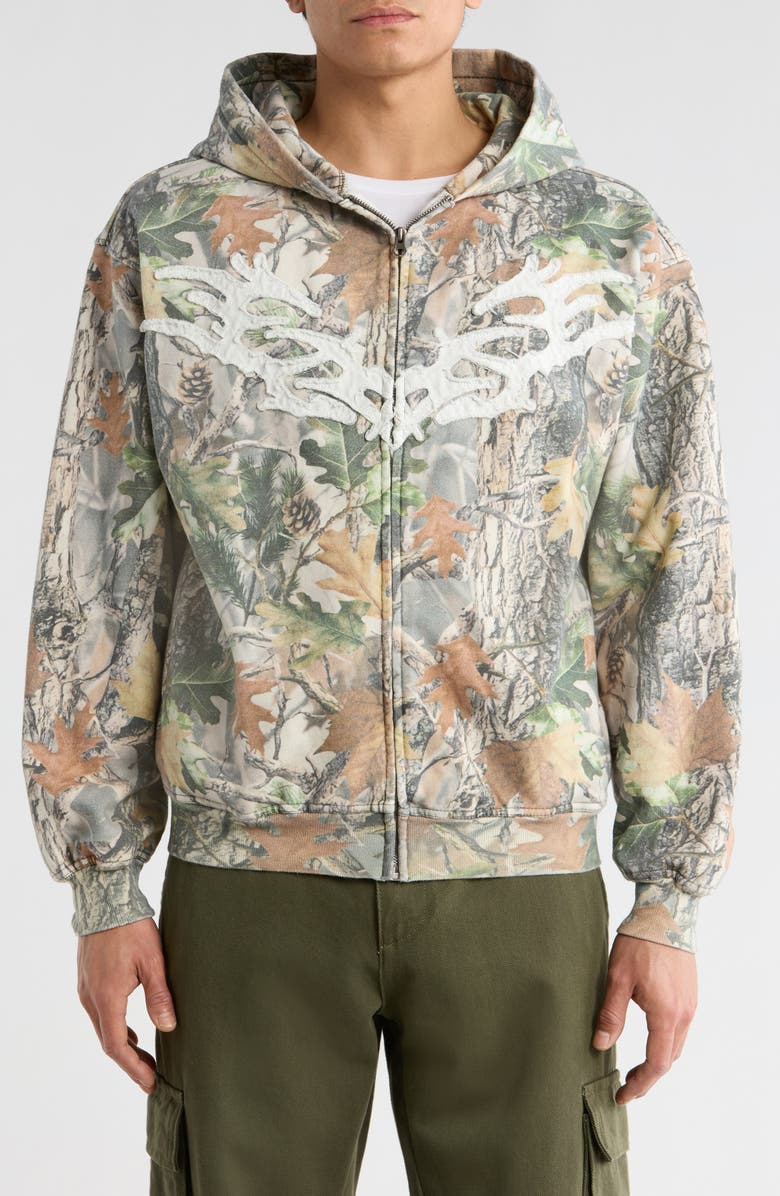 PacSun Chaos Appliqué Camouflage Zip Hoodie, Alternate, color, Green