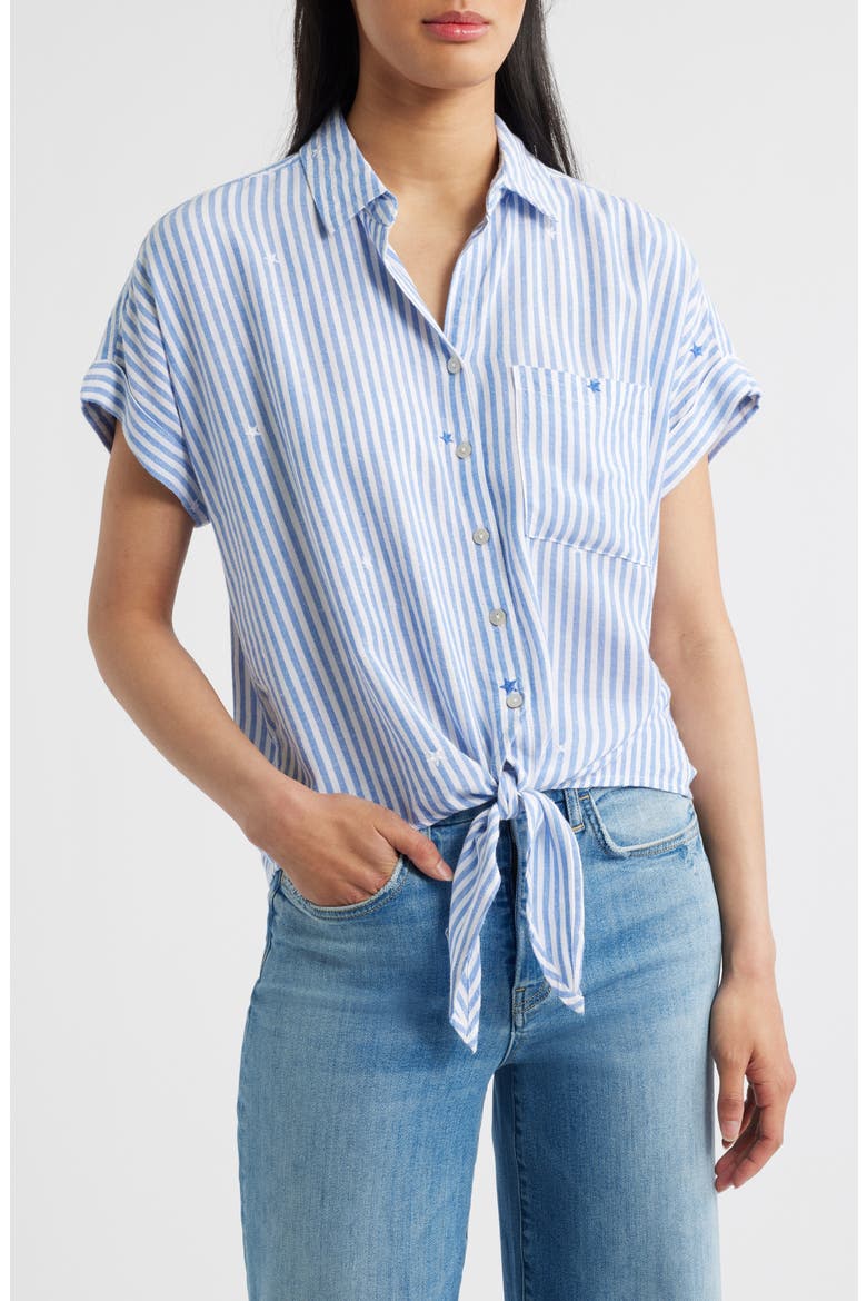 Rosie Embroidered Tie Front Short Sleeve Button-Up Shirt, Main, color, HALF MOON BAY