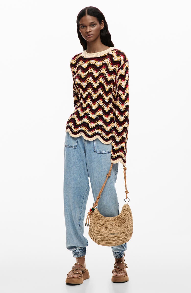 Desigual Zigzag Crochet Sweater, Alternate, color, Water Green