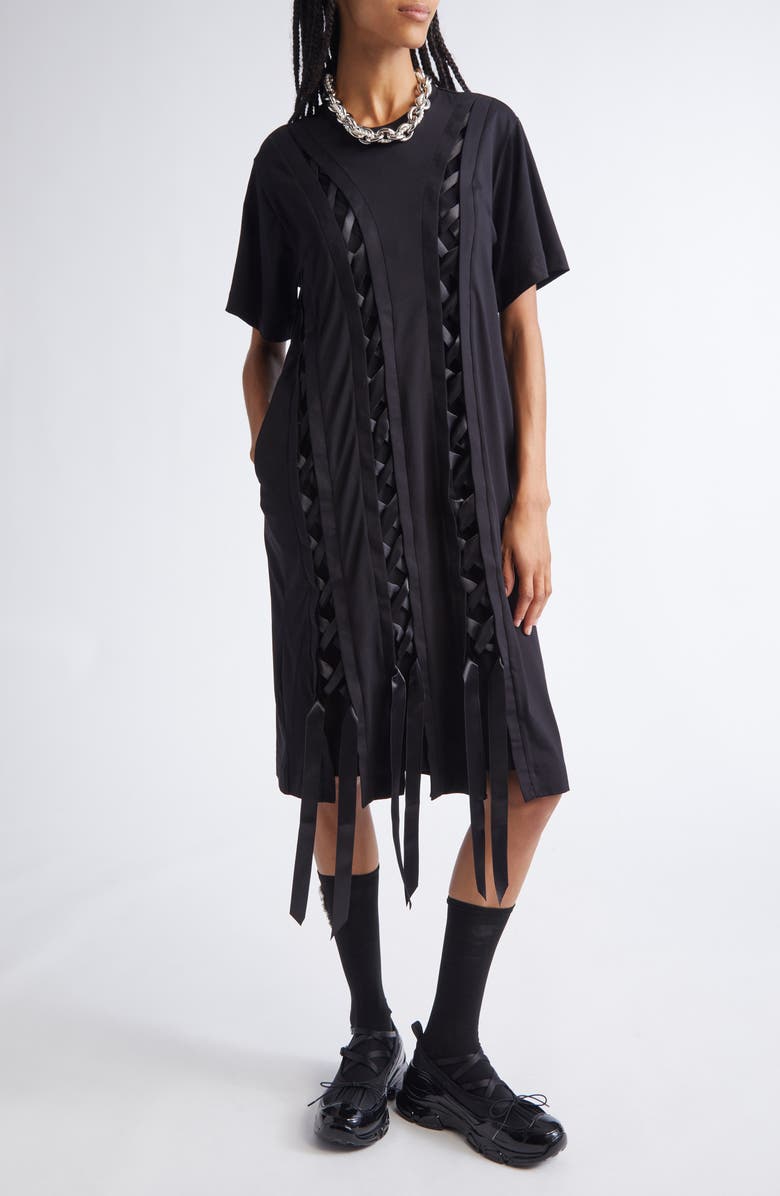 Simone Rocha Unraveling Ribbon Inset T-Shirt Dress, Main, color, Black