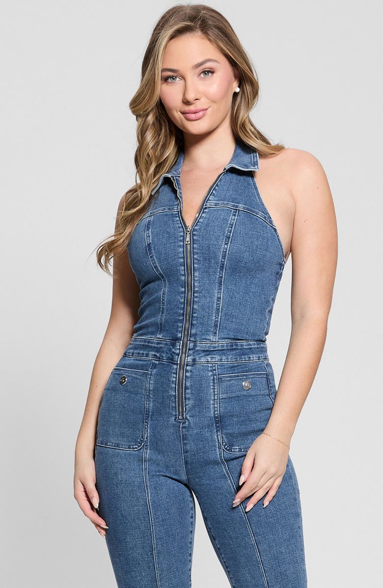 GUESS Mia Denim Halter Jumpsuit, Alternate, color,
