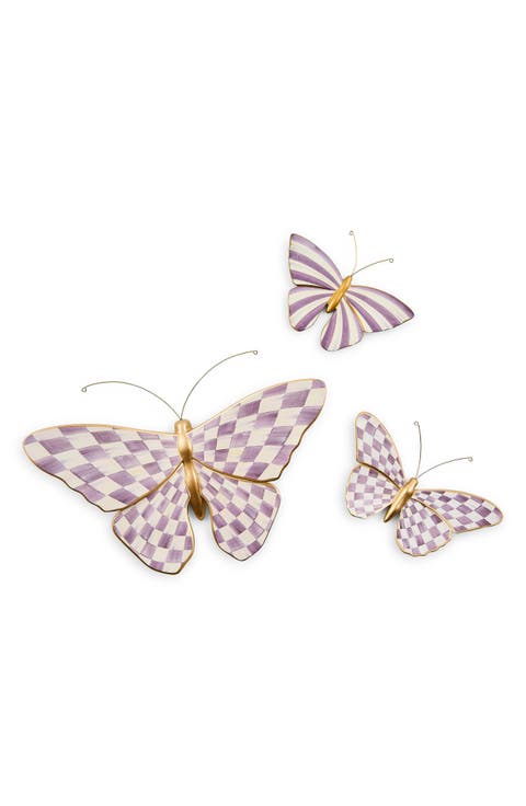Set of 3 Violet Check Butterfly Wall Decor