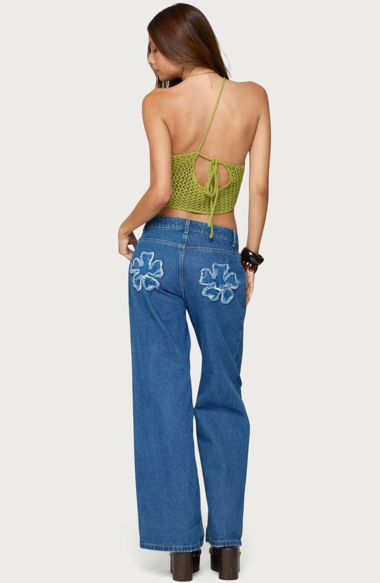 EDIKTED Flower Patch Low Rise Wide Leg Jeans, Alternate, color, Blue