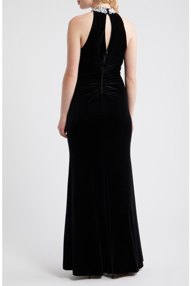Rhinestone Detail Velvet Sheath Gown, Alternate, color, BLACK