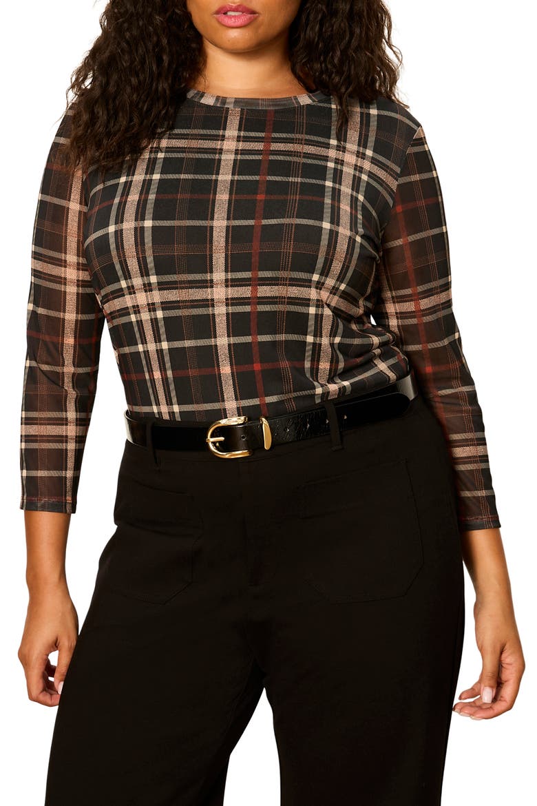 Plaid Mesh Three-Quarter Sleeve Top, Alternate, color, CINDER BROWN PLAID