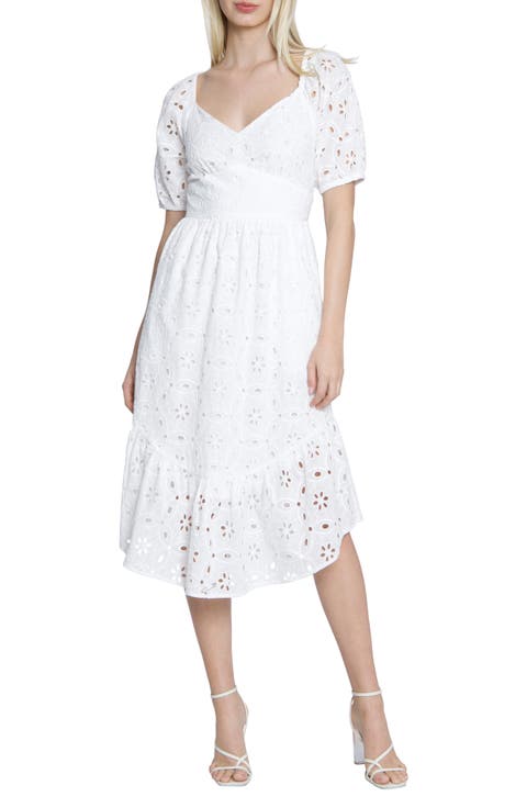 Eyelet Puff Sleeve Cotton Midi Dress