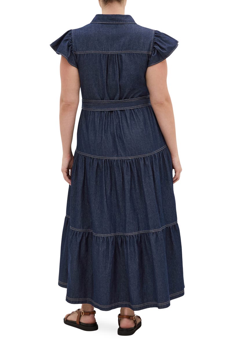 Kelsie Tie Waist Tiered Denim Maxi Dress, Alternate, color, DARK DENIM