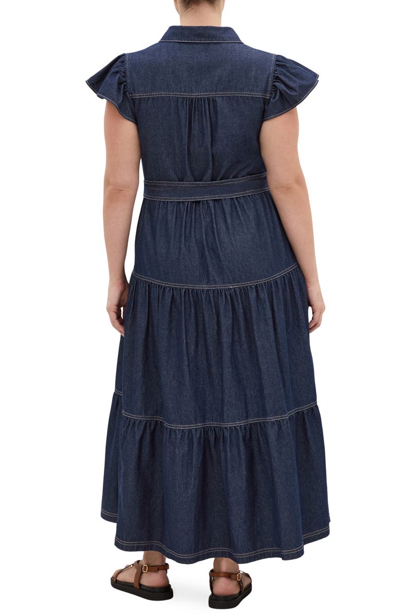 City Chic Kelsie Tie Waist Tiered Denim Maxi Dress, Alternate, color, 