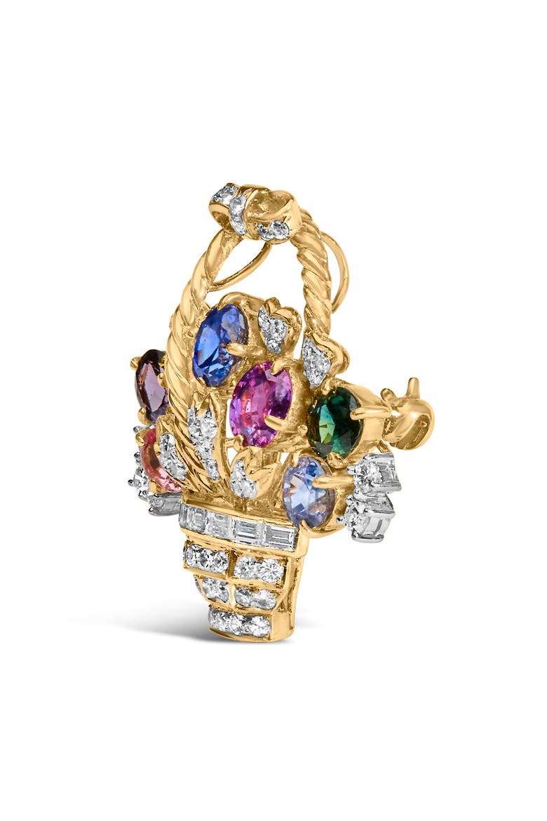 Gold 1 1/10 Cttw Diamond and Gemstone Floral Pendant Brooch Pin, Alternate, color, Yellow