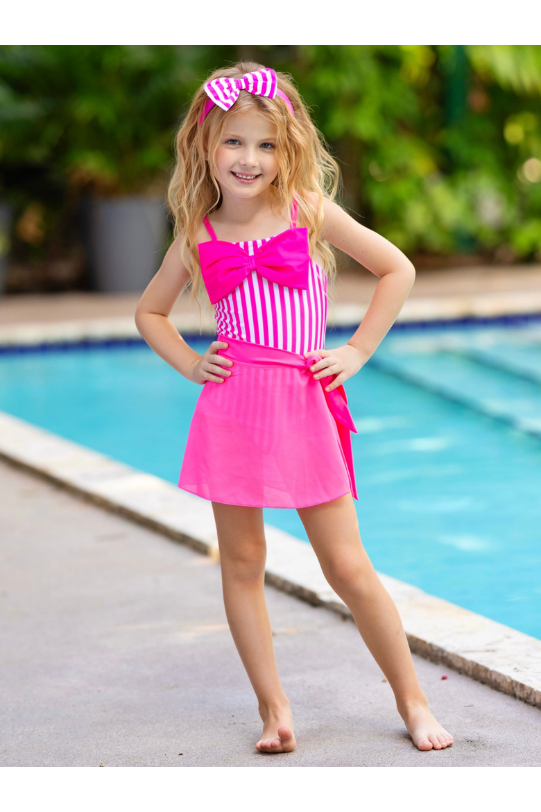 Seaside Stripes Pink Bow One-Piece Swimsuit, Alternate, color, Pink