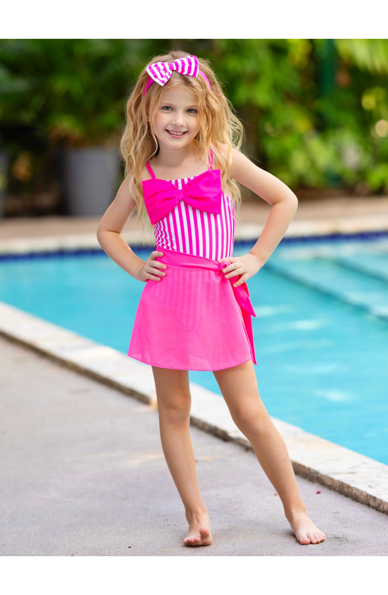 Mia Belle Girls Seaside Stripes Pink Bow One-Piece Swimsuit, Alternate, color, Pink