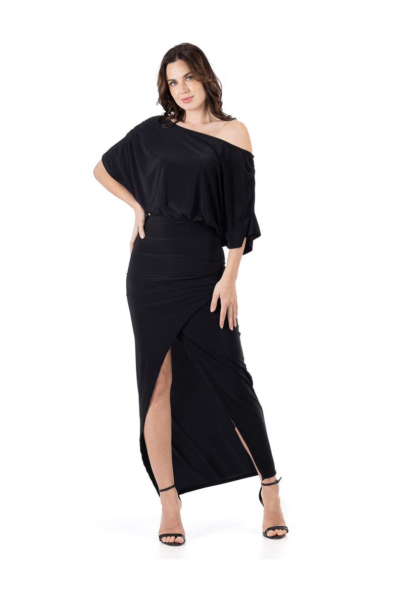 Boat Neck Batwing Sleeve Slit Maxi Dress, Alternate, color, Black