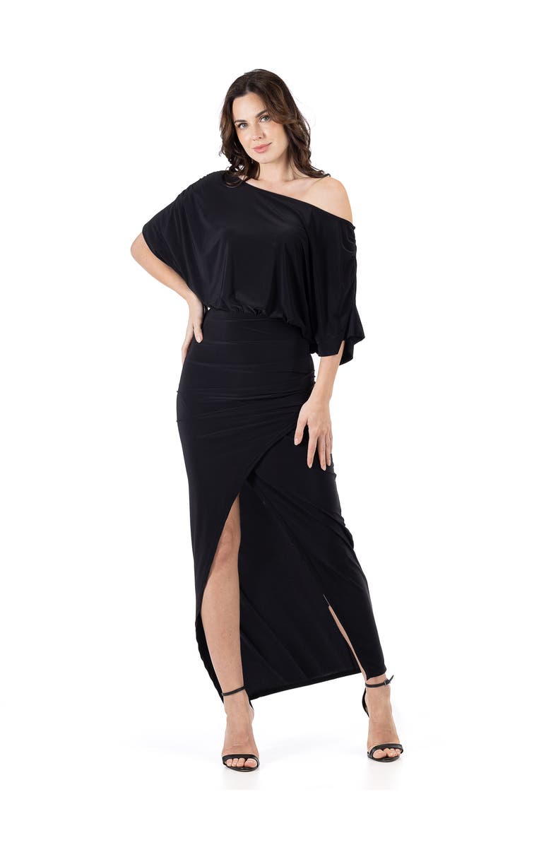 24seven Comfort Apparel Boat Neck Batwing Sleeve Slit Maxi Dress, Alternate, color, Black