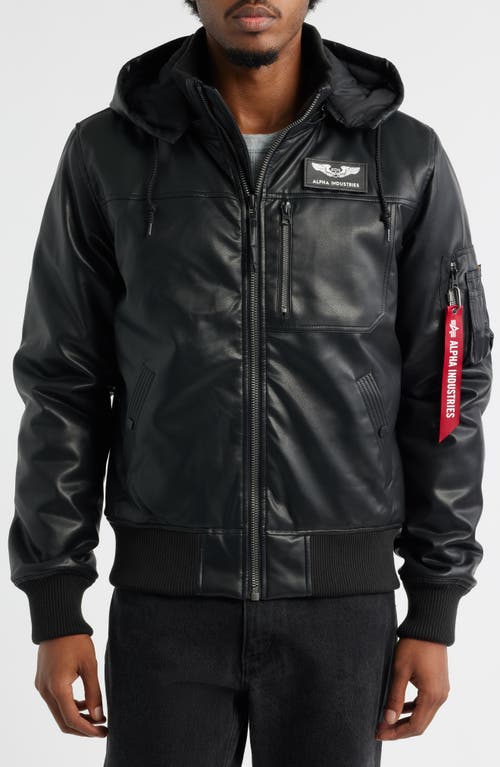 Alpha Industries Hooded Faux Leather Flight Jacket In Black