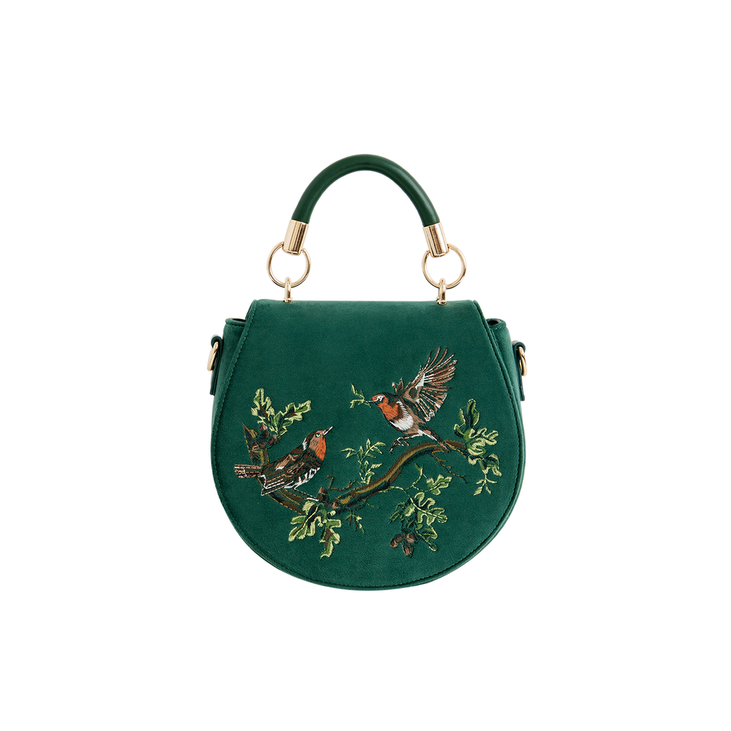 Fable England Robin Love Embroidered Saddle Bag Fern Green Velvet In Green