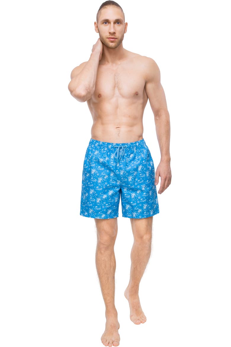 Men's 7" Compression Liner Swim Trunks with Back Zipper Pocket, UPF 50+, Alternate, color, Blue Tropical Print