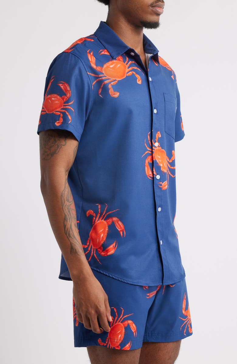 MAVRANS Crab Weekend Short Sleeve Performance Button-Up Shirt, Alternate, color, Blue/ Red
