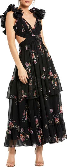 Mac Duggal Tiered Floral Chiffon Gown with Ruffle Cap