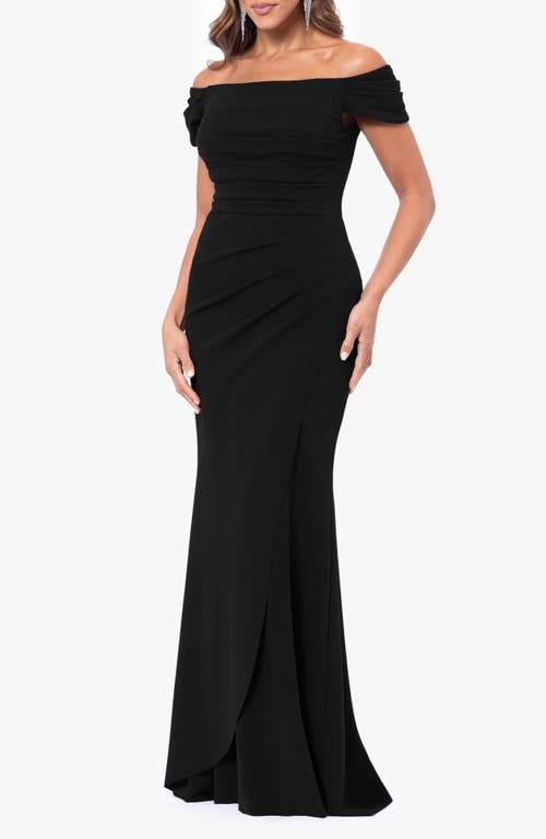 Xscape Evenings Ruched Scuba Off The Shoulder Gown In Black