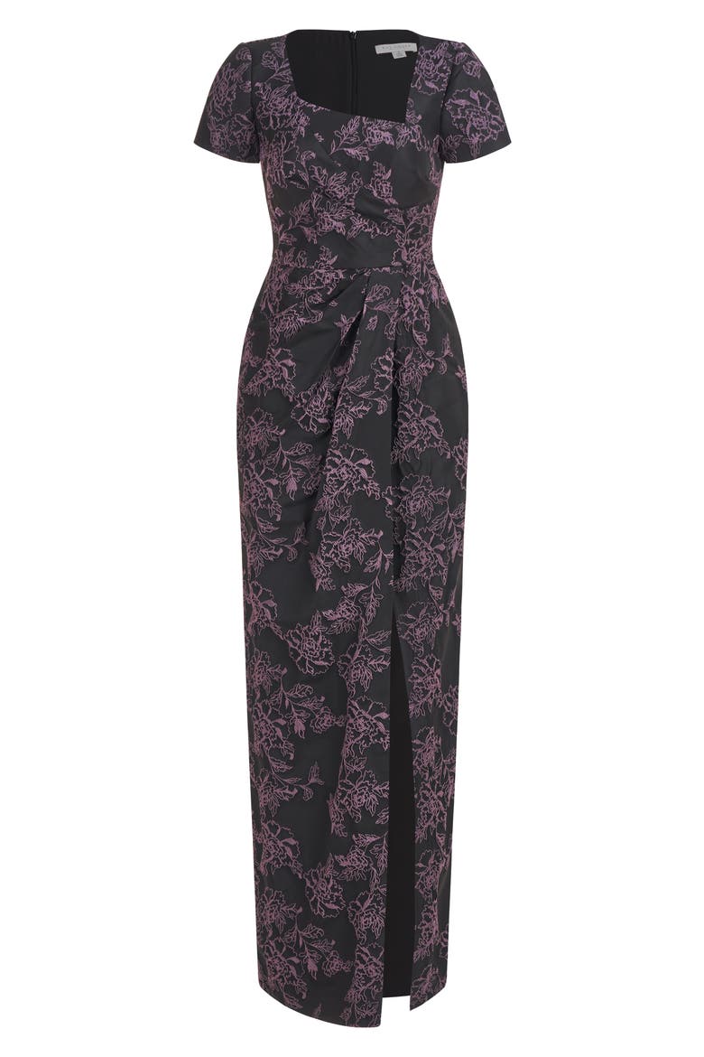 Rosalyn Floral Short Sleeve Column Gown, Alternate, color, BLACK/ DARK LAVENDER