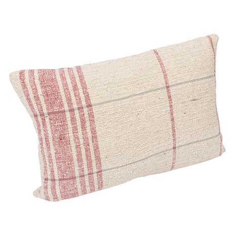 24 Inches Woven Cotton Slub Lumbar Pillow with Grid Pattern