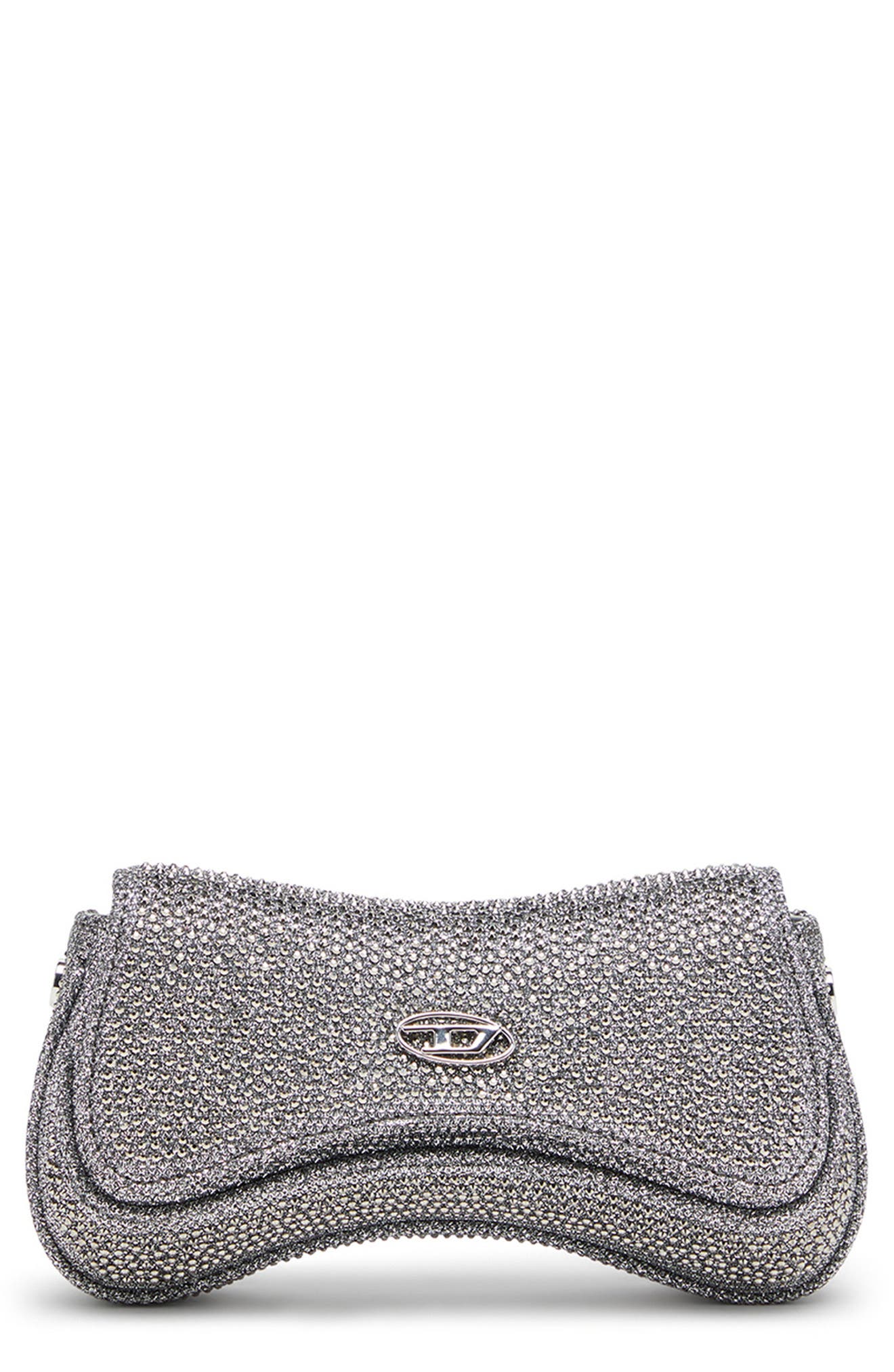 DIESEL<sup>®</sup> Small Play Crystal Embellished Shimmer Mesh Crossbody Bag, Main, color, Silver