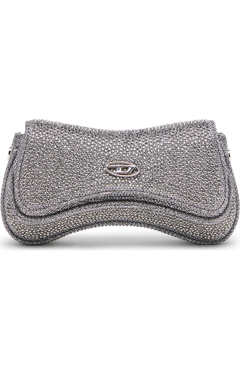 DIESEL<sup>®</sup> Small Play Crystal Embellished Shimmer Mesh Crossbody Bag, Main, color, Silver