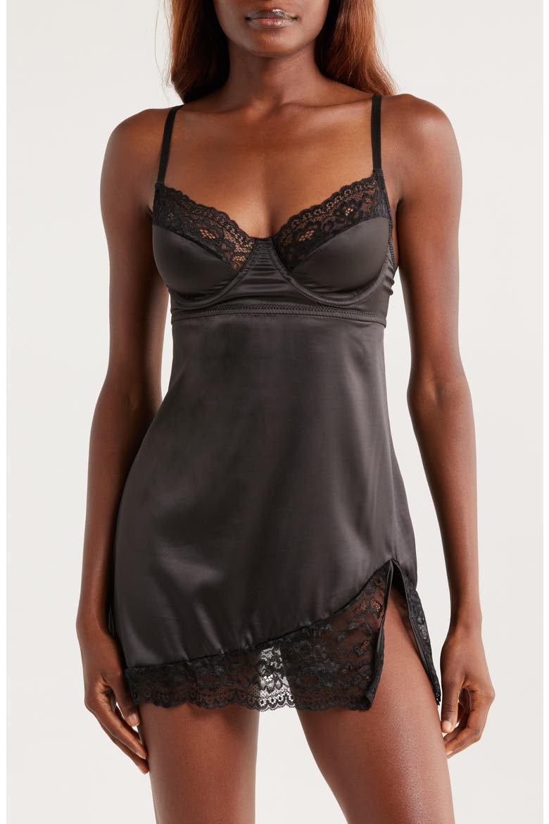 Ever After Stretch Satin Chemise, Main, color, BLACK