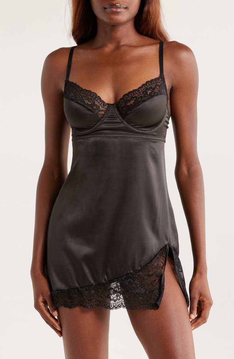 Coquette Ever After Stretch Satin Chemise, Main, color, Black