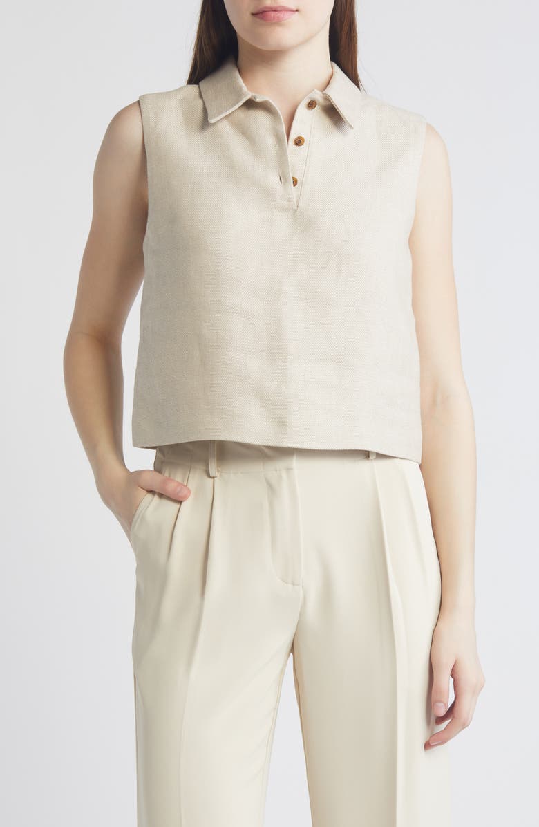 Theory Sleeveless Linen Crop Polo, Main, color, Straw