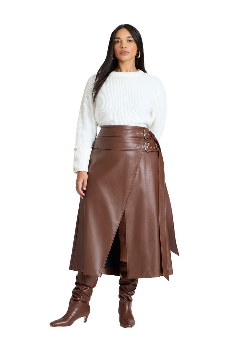 ELOQUII Double Belt Wrap Faux Leather Skirt, Main, color, Rocky Road