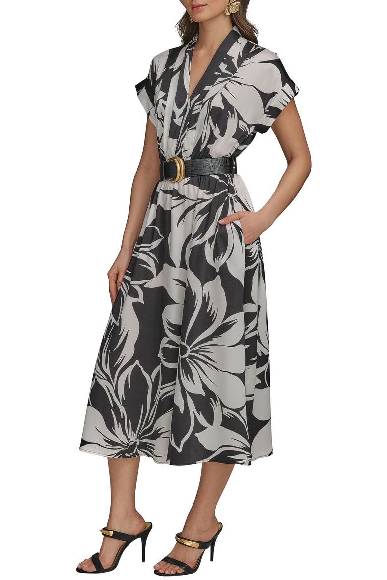 Floral Print Belted Midi Dress, Alternate, color, BLACK/ PRISTINE