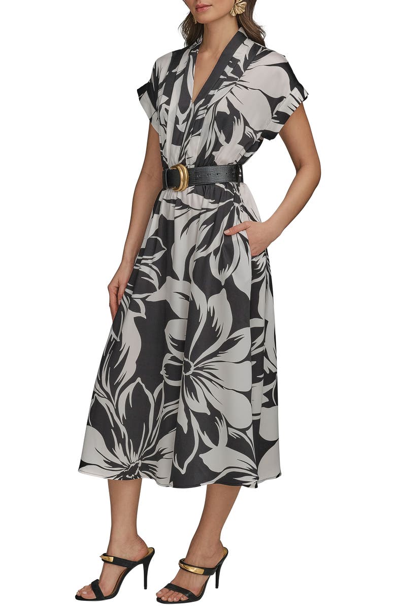 Donna Karan New York Floral Print Belted Midi Dress, Alternate, color, Black/ Pristine
