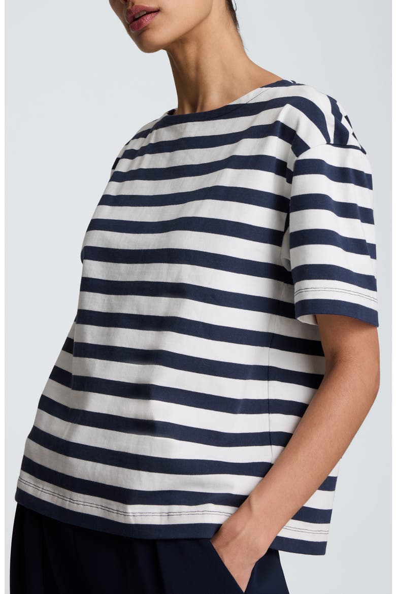 Stripe Boatneck Cotton T-Shirt, Alternate, color, PURE WHITE/ DK NAVY