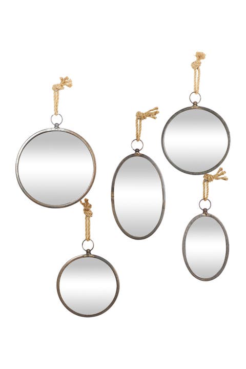 Gray Metal Wall Mirror with Hanging Rope - Set of 5