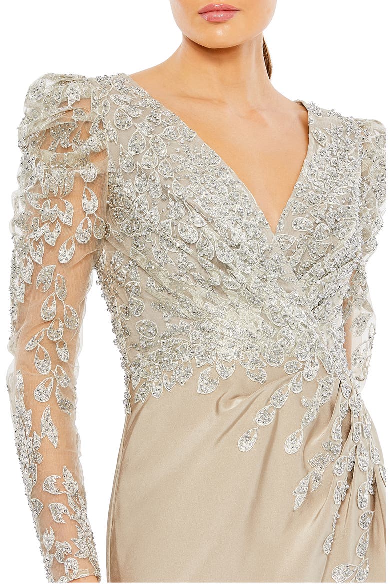 Embellished Faux Wrap Illusion Puff Sleeve Gown, Alternate, color, TAUPE