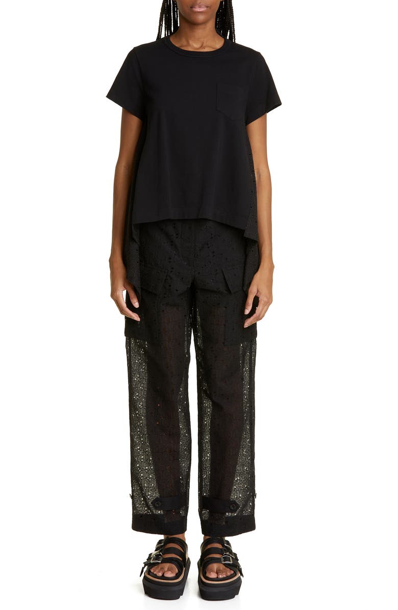 Sacai Embroidered Eyelet & Jersey Asymmetric T-Shirt | Nordstrom Sacai Embroidered Eyelet & Jersey Asymmetric T-Shirt | Nordstrom