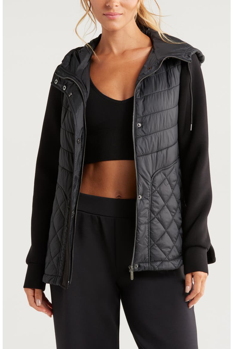 Hybrid Quilted Knit Hooded Jacket, Main, color, BLACK