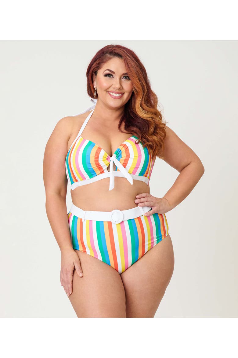 Plus Size Bow Halter Swim Top, Main, color, Blue Rainbow Stripe