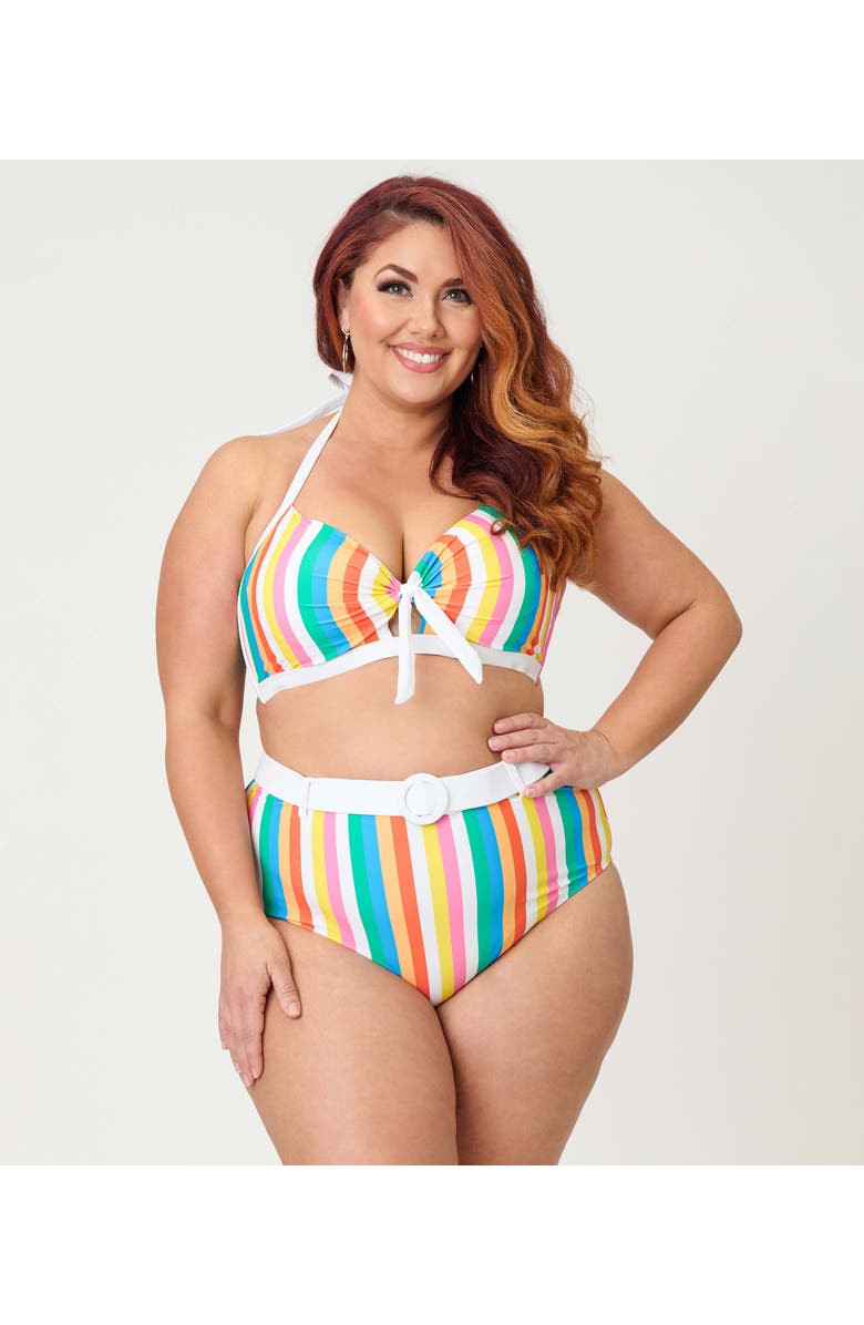 Unique Vintage Plus Size Bow Halter Swim Top, Main, color, Blue Rainbow Stripe