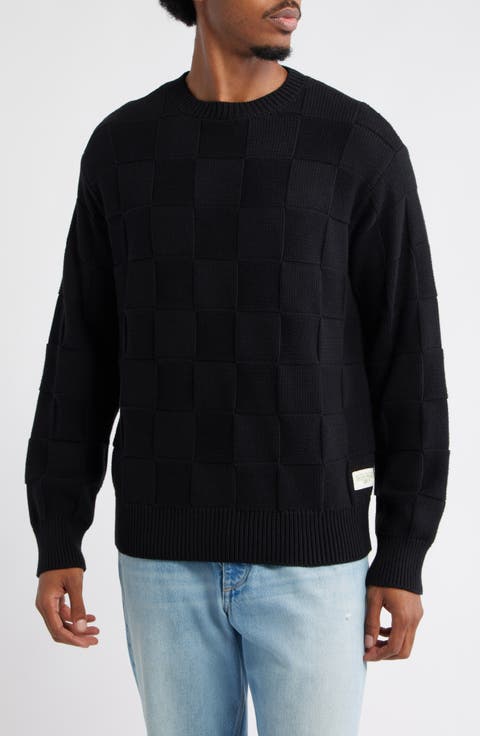 Check Knit Cotton Crewneck Sweater