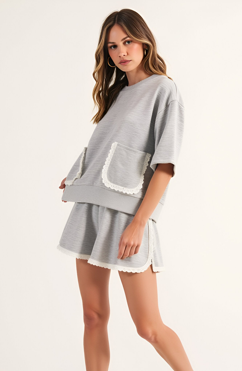 Modenaire Lace Trim French Terry Top and Shorts Lounge Set, Alternate, color,