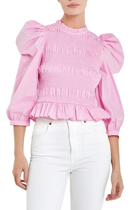 Smocked Puff Shoulder Poplin Top