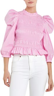 English Factory Smocked Puff Shoulder Poplin Top