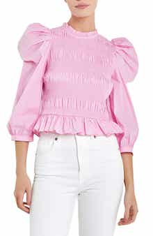 English Factory Smocked Puff Shoulder Poplin Top