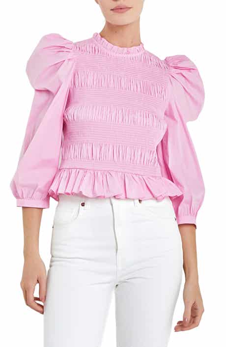 English Factory Smocked Puff Shoulder Poplin Top